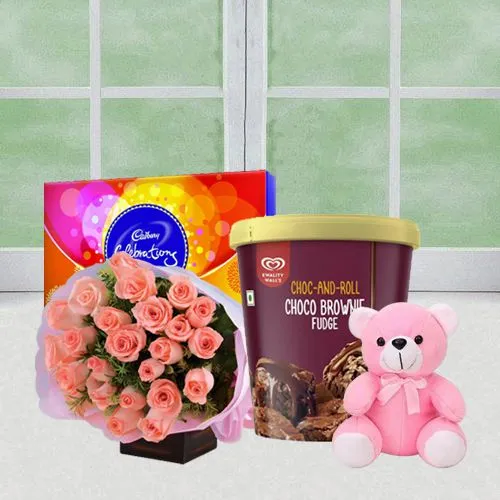 Love Delight Roses with Kwality Walls Choco Brownie Icecream Cadbury Celebration N Teddy