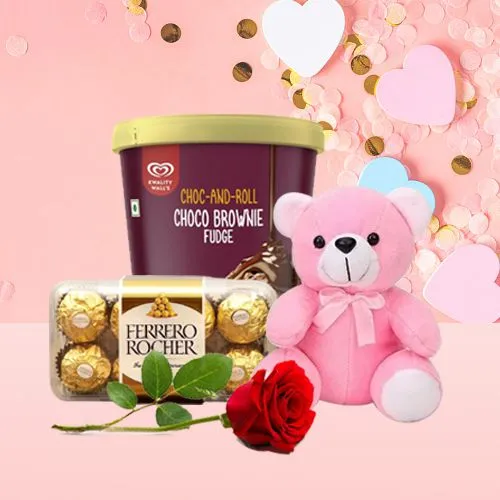 Tasty Kwality Walls Brownie Fudge Ice Cream Ferrero Rocher n Teddy with Single Rose