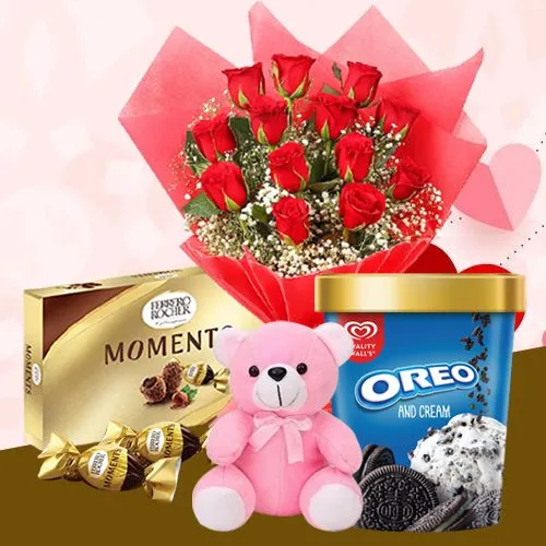 Gorgeous Roses with Kwality Walls Oreo Ice Cream Ferrero Moments n Teddy