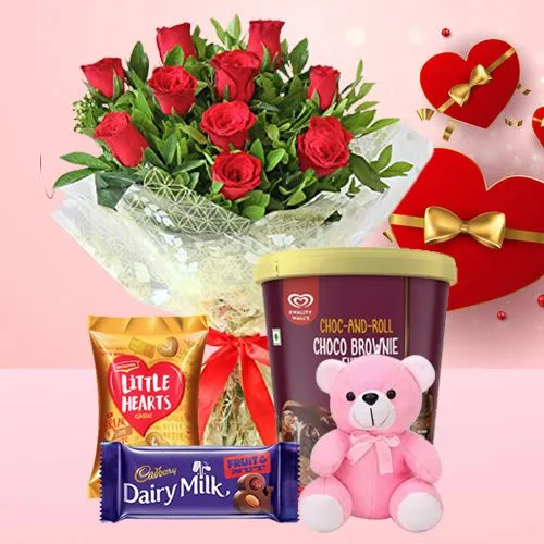 Special Roses Kwality Walls Brownie Fudge Ice Cream Delectables n Teddy Combo