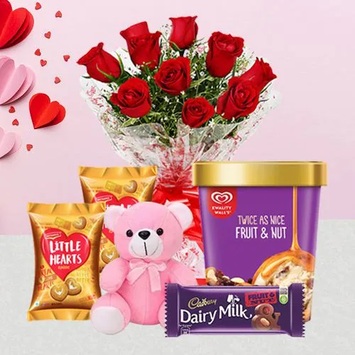 Expressive Roses with Kwality Walls Fruit n Nut Ice Cream Teddy n Delectables