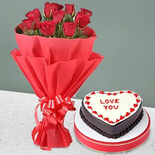 Splendid Red Roses n Heart Shape Chocolate Cake Combo