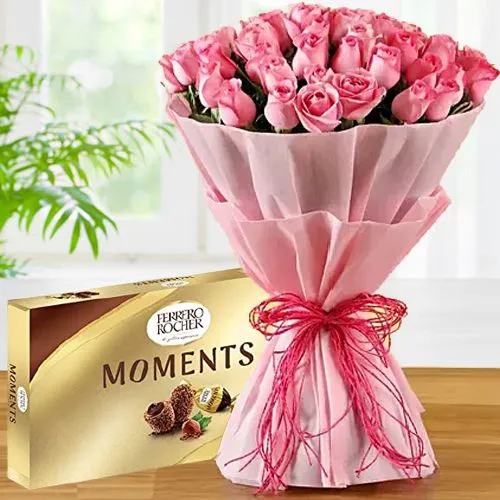 Purely Romantic Pink Roses Bouquet n Ferrero Rocher Moments Gift Combo