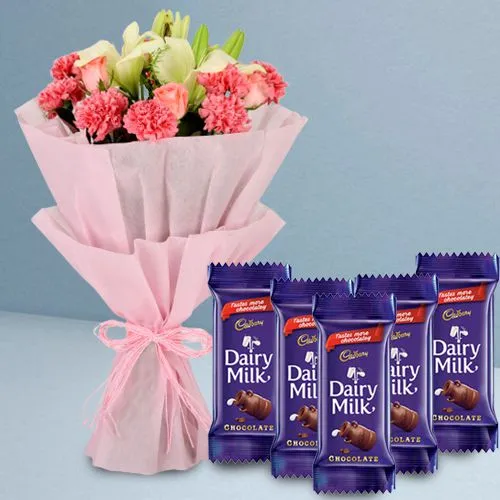 Lovely Mixed Flowers Bouquet N Cadbury Dairy Milk Gift Combo