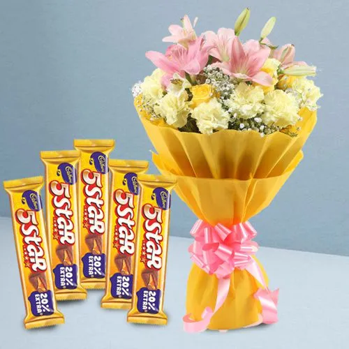 V Day Special Yellow N Pink Flowers Bouquet with Cadbury 5 Star