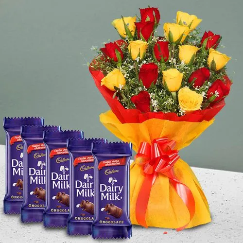 Romantic Extravaganza of Mixed Roses Bunch n Cadbury Dairy Milk