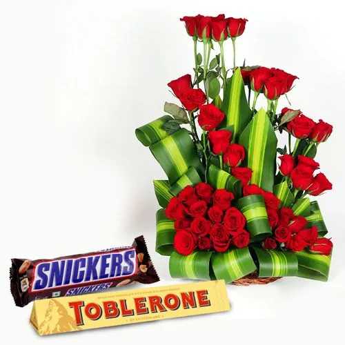 Forever In Romance Red Roses Arrangement with Snickers n Toblerone