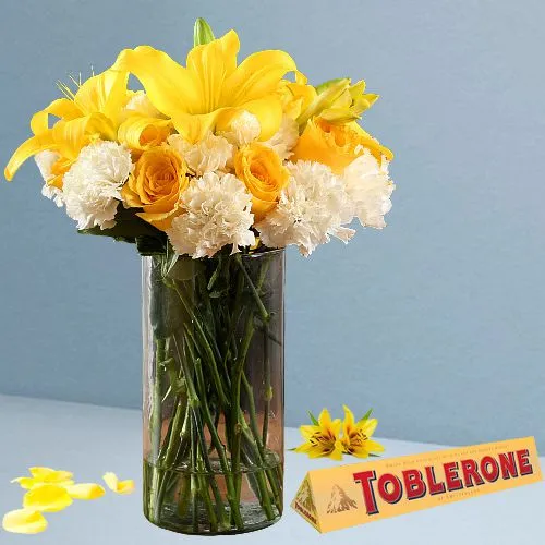 Special Surprise Mixed Flowers in Glass Vase with Toblerone