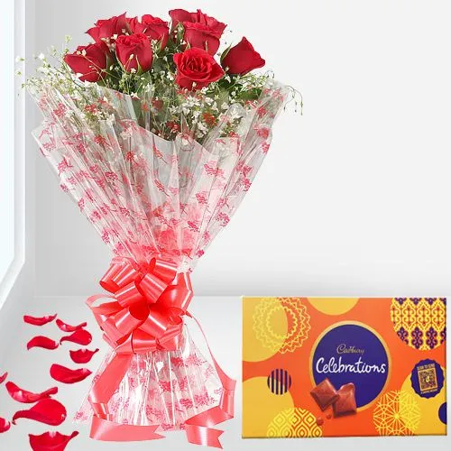 Enticing Red Roses Bouquet with Cadbury Celebrations