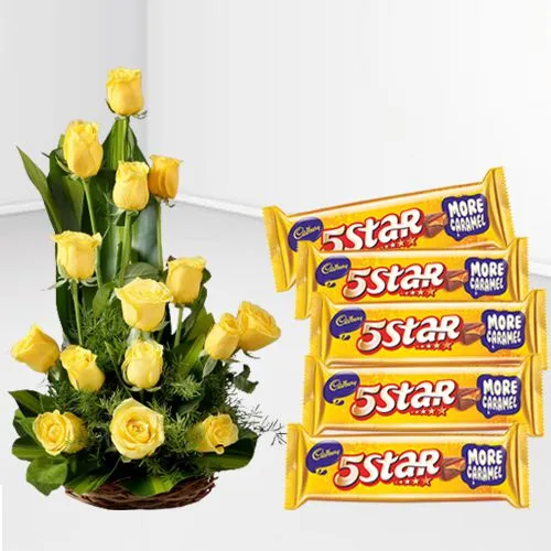 Sun Kissed Yellow Roses Bouquet in Cane Basket with Cadbury 5 Star