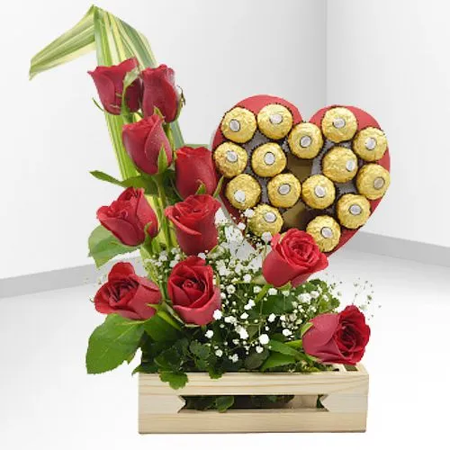 Classy Arrangement of Red Roses with Ferrero Rocher Chocolate in Love Shape Box