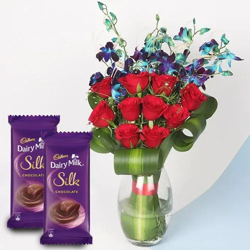 Delightful Mixed Flowers in Vase with Cadbury Silk
