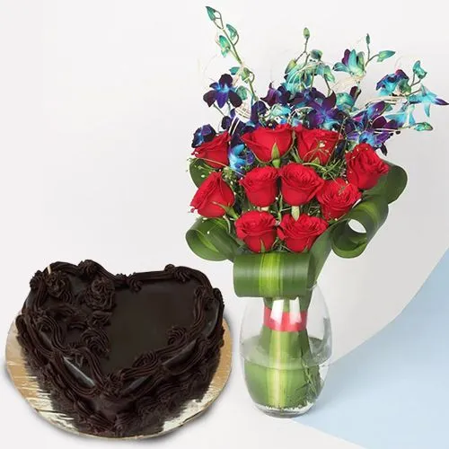 Beautiful Mixed Flowers in Vase with Heart Shape Choco Cake
