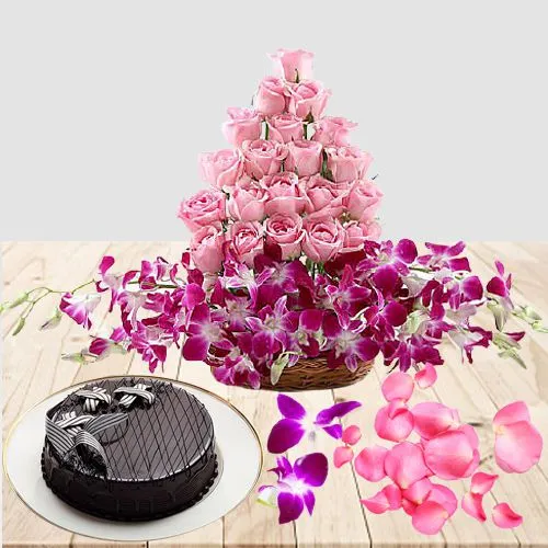 Excellent Roses n Orchids in Basket with Chocolate Cake for Valentine