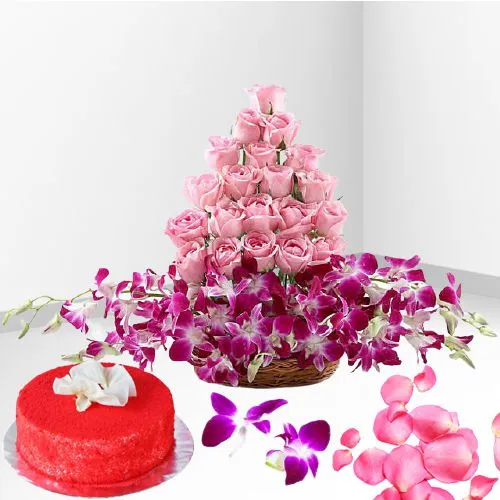 Alluring Red Velvet Cake with Roses n Orchids in Basket