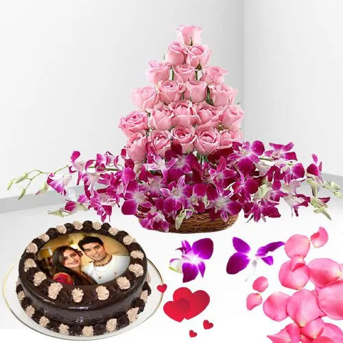 Valentine Photo Cake with Mixed Flowers in Basket