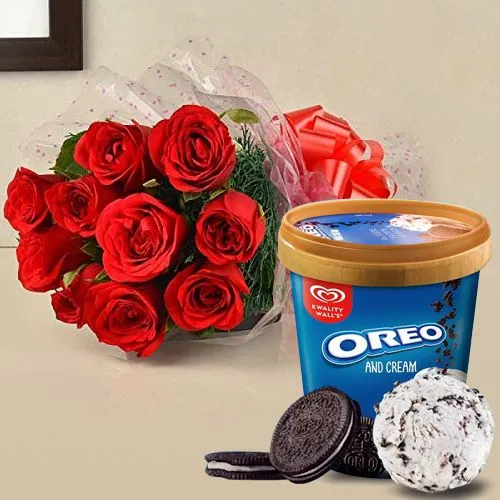 Stunning Gift of Kwality Walls Oreo Ice Cream Tub with Red Roses