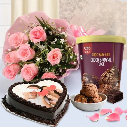 Exquisite Love Photo Cake with Kwality Walls Choco Brownie Ice Cream n Pink Roses