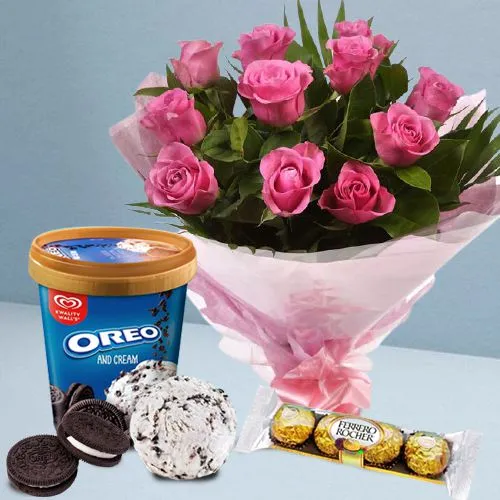 Lovely Gift of Kwality Walls Oreo Ice Cream with Pink Roses n Ferrero Rocher