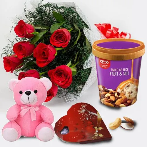Joyful Red Roses n Kwality Walls Twin Flavor Ice Cream with Teddy n Handmade Chocolates