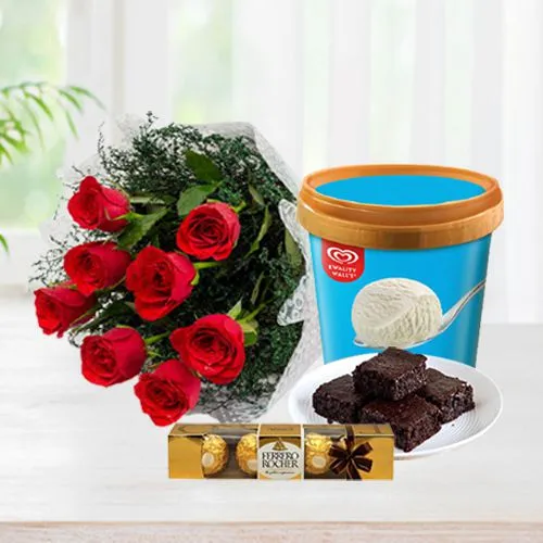 Luscious Kwality Walls Vanilla Ice Cream n Red Roses with Brownie n Ferrero Rocher