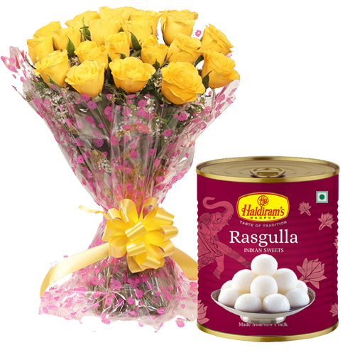 Mothers Day Special Yellow Rose Bouquet with Haldiram Rasgulla	