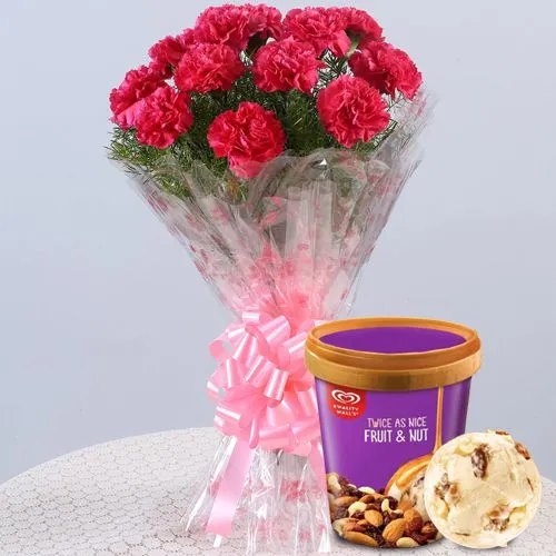 Impressive Red Carnations Bouquet with Fruit n Nut Ice-Cream from Kwality Walls