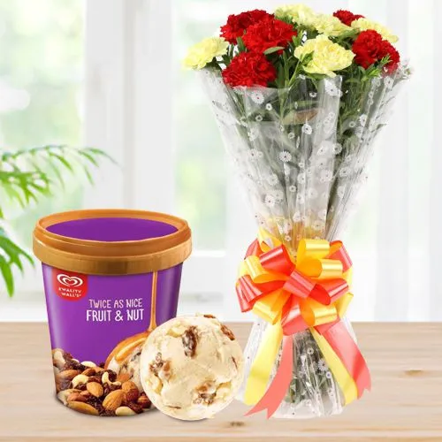Lovely Assorted Carnations Bouquet with Fruit n Nut Ice-Cream from Kwality Walls