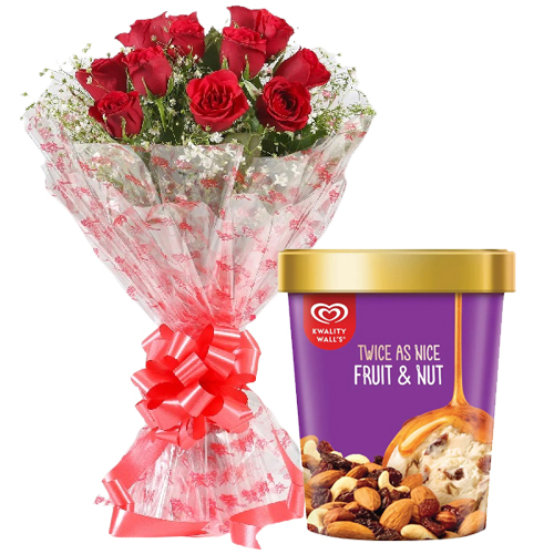 Breath-taking Red Roses Bouquet with Fruit n Nut Ice-Cream from Kwality Walls