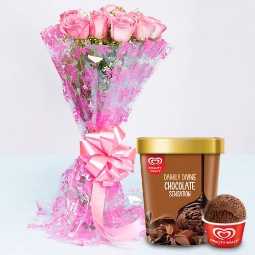 Delightful Pink Roses Bouquet with Chocolate Ice-Cream from Kwality Walls