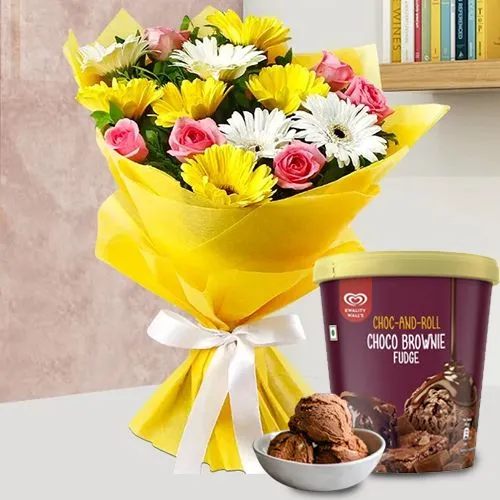 Exotic Mixed Flower Arrangement with Choco Brownie Fudge Ice Cream from Kwality Walls