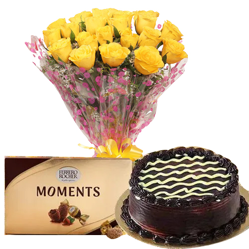 Magnificent Chocolate Cake with Yellow Rose Bouquet N Ferrero Rocher Moment
