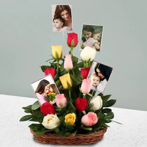 Mixed Roses Basket with Personalized Photos