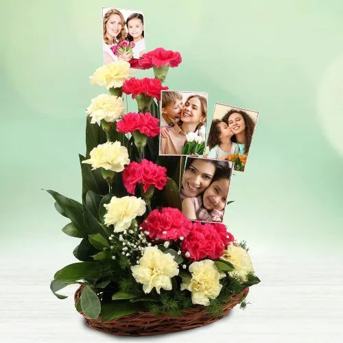 Trendy Red n Yellow Carnations n Personalized Photo Basket