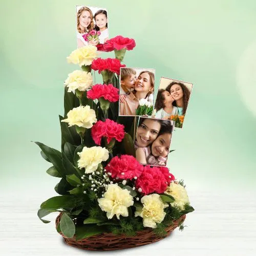 Trendy Carnations N Custom Pics Basket