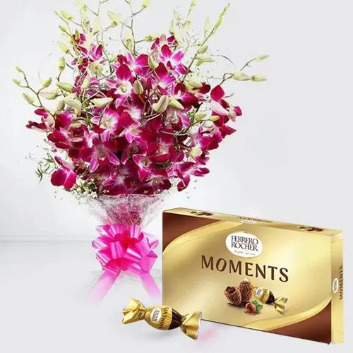 Artistic Bouquet of Orchids with Ferrero Rocher Chocolate Box