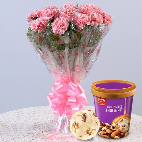 Dazzling Pink Carnation Bouquet with Kwality Walls Fruit n Nut Ice Cream