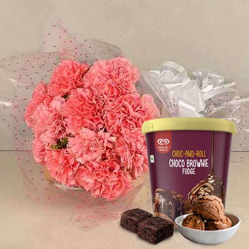 Aromatic Pink Carnation Bouquet with Kwality Walls Choco Brownie Fudge Ice Cream