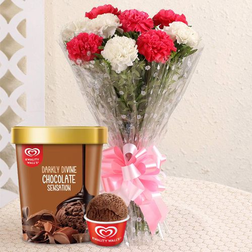 Designer Mix Color Carnations Bouquet with Chocolate Ice-Cream from Kwality Walls