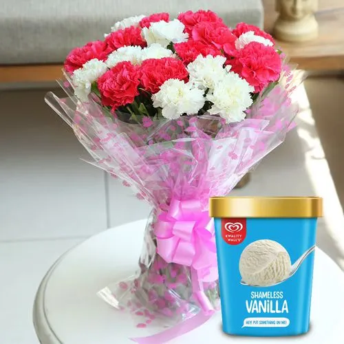 Irresistible Vanilla Ice Cream from Kwality Walls with Mixed Carnation Bouquet