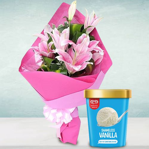 Delightful Vanilla Ice Cream from Kwality Walls with Pink lily Bouquet