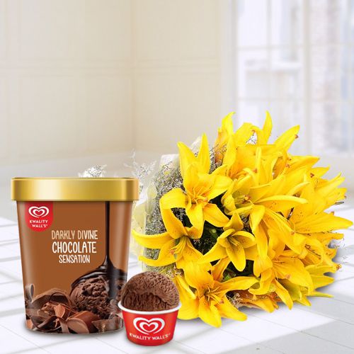 Dramatic Yellow Lily Bouquet with Chocolate Ice-Cream from Kwality Walls