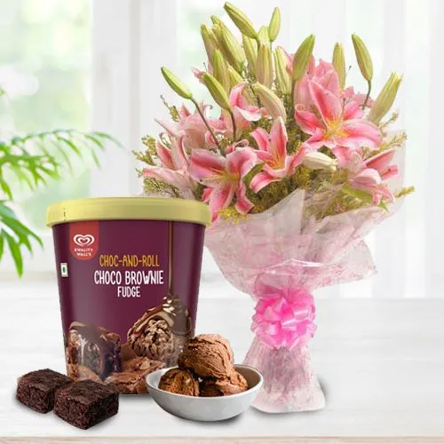Blossoming Pink Lily Bouquet with Choco Brownie Fudge Ice Cream from Kwality Walls