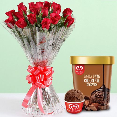 Graceful Red Rose Bouquet with Chocolate Ice-Cream from Kwality Walls