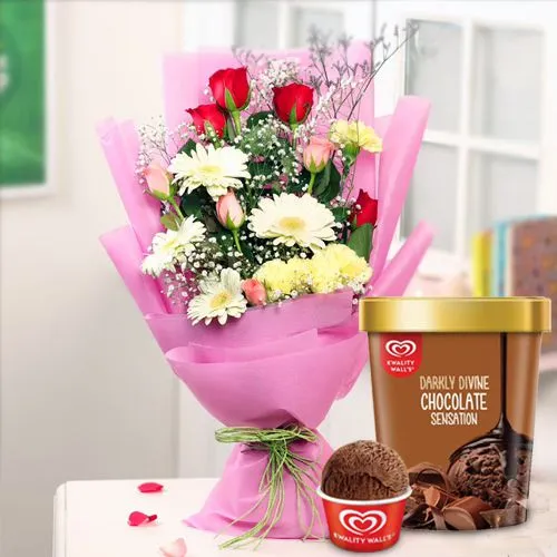 Cheerful Mixed Flower Arrangement with Chocolate Ice-Cream from Kwality Walls