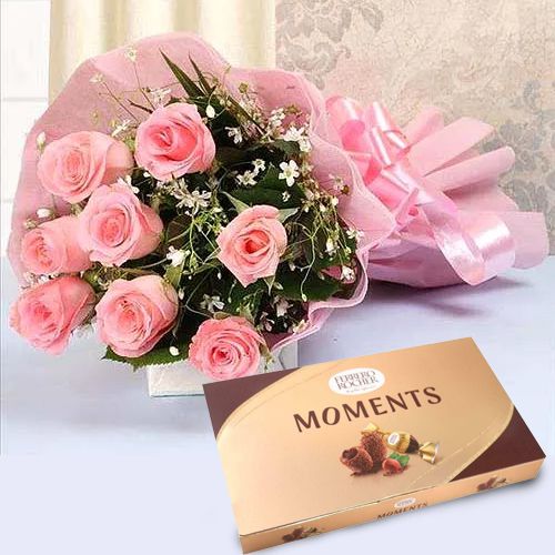 Charming Pink Roses Bouquet with Ferrero Rocher Moment Chocolate Box