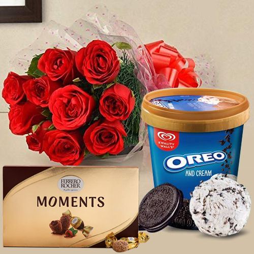Magnificent Red Roses with Kwality Walls Ice Cream N Ferrero Rocher Moments