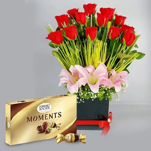 Aromatic Red Roses n Pink Lilies Gift Box with Ferrero Rocher Moments