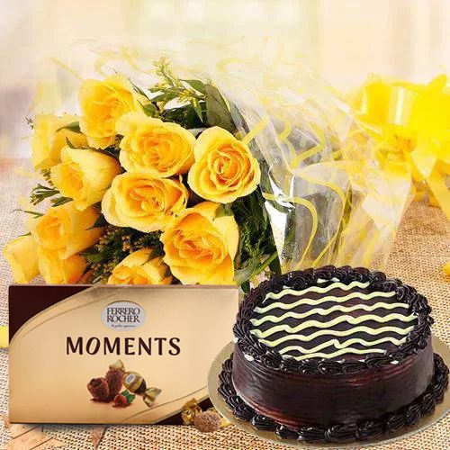 Tasty Chocolate Cake with Yellow Rose Bouquet N Ferrero Rocher Moments