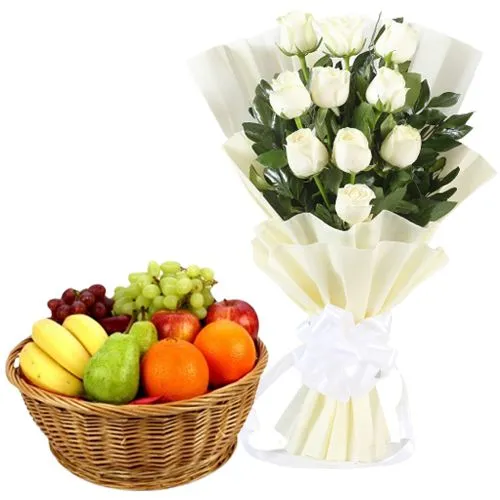 Alluring White Roses Bouquet N Fresh Fruits Combo
